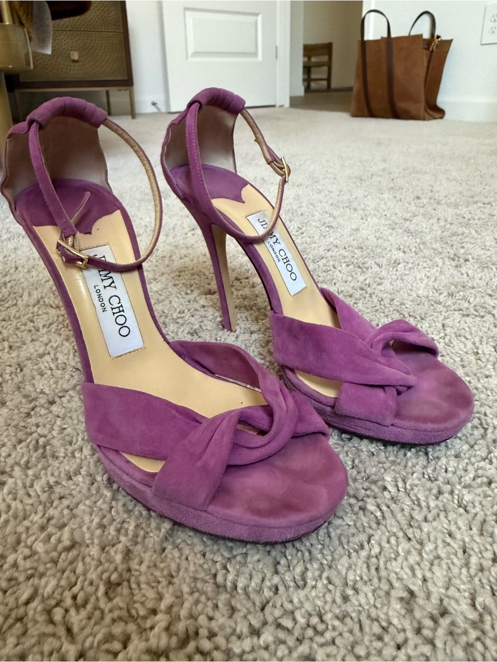 Jimmy Choo Purple Suede Knotted Ankle-Strap Stilettos